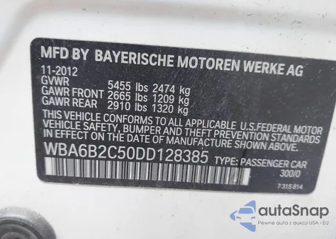 2013 BMW 650I Gran Coupe из США, поврежденный, VIN WBA6B2C50DD128385